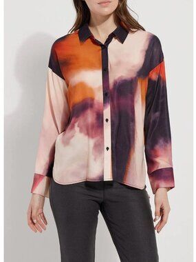 LYSSÉ Printed Satin Long Sleeve Button Shirt in Experimental Paint - Sz M - New